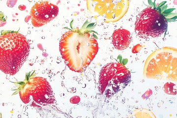 whole and cut strawberries and lemon, immersed in water.