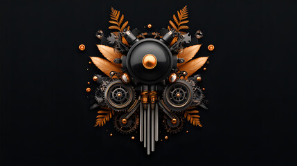 Abstract Steampunk Ornament Black and Gold Gears, Leaves, and Mechanisms