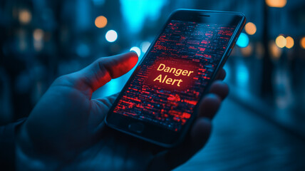 Danger Alert on Smartphone: A hand holds a smartphone displaying a red "Danger Alert" notification, illuminated against a blurred cityscape backdrop.