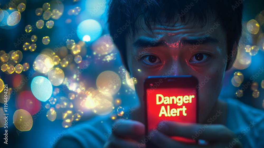 Aufkleber digital danger: a man stares intently at his phone, his face etched with worry as a red 