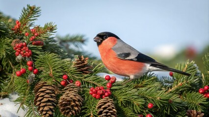 A beautiful watercolor bullfinch amidst a lush Christmas pine wreath, festive centerpiece, Christmas tree ornaments, forest wildlife