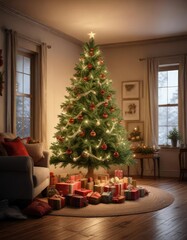 a beautifully decorated Christmas tree in a cozy room, warm and cozy room, beautifully decorated christmas trees, shining stars