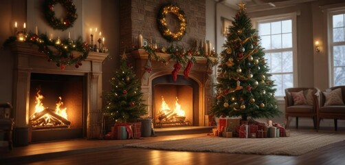 Obraz premium A beautifully decorated Christmas tree is positioned in front of a roaring fireplace with flames , fireplace, rustic charm, festive decorations