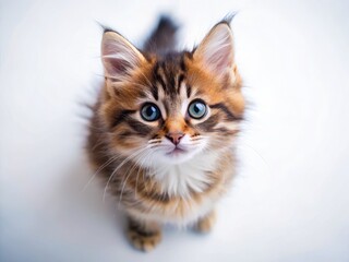 Obraz premium Adorable fluffy kitten, airborne, eyes wide with curiosity, a pure white backdrop.