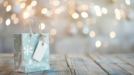 A festive shopping bag with a return label sits on a wooden table, surrounded by blurred holiday decorations, symbolizing the post-holiday return process. 