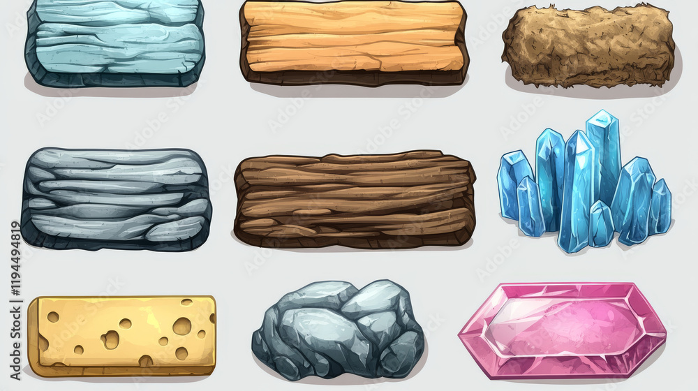 Poster game ui buttons for app interface, cartoon menu plaques or banners. textured gui graphic design elem