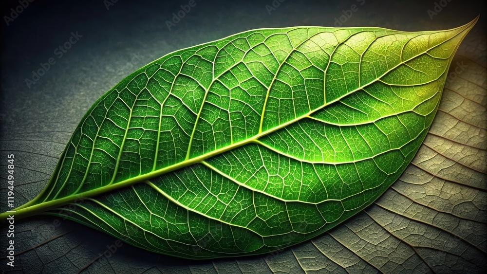 Poster a single, vibrant green leaf with intricate vein patterns rests on a textured surface, showcasing th