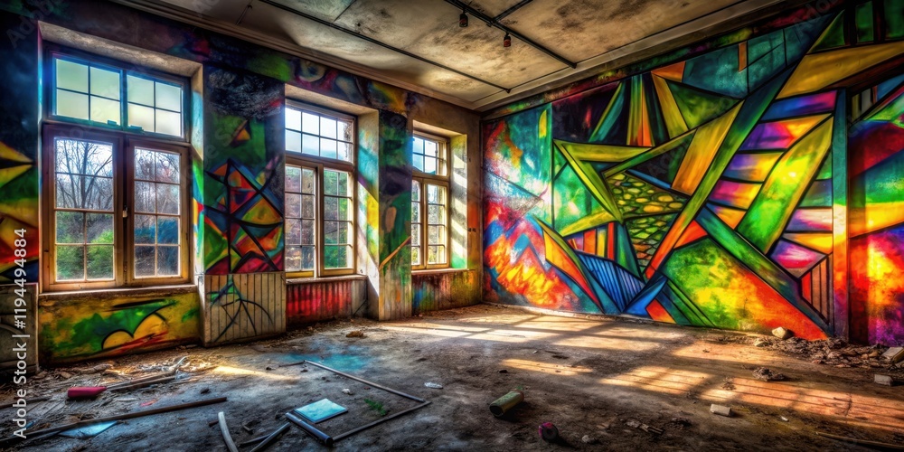 Poster sunlight streaming through windows illuminates a room adorned with vibrant abstract graffiti, castin