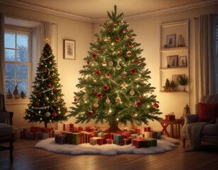 A beautifully decorated Christmas tree surrounded by ornaments and fairy lights in a room filled with warm and cozy winter elements, frosty, cozy