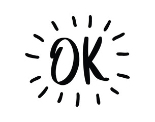 Ok comic doodle lettering flash effects. Shining hand drawn OK onomatopoeia. Okey okay decorative word cartoon icon