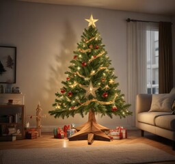A beautifully decorated star-shaped Christmas tree in a cozy living room , furniture, garland