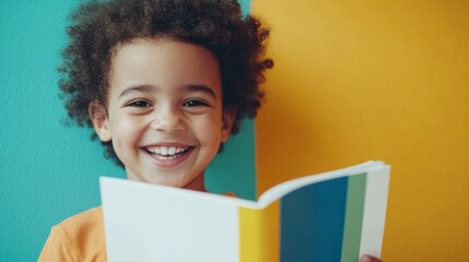 Fototapeta premium Child boy with book and bag breaking through yellow paper wall. Happy smiling kid go back to school, kindergarten. Success, motivation, winner, genius concept. Little kid dreaming to be superhero