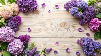 Delicate purple and pink blossoms arranged on a wooden background, creating a floral border
