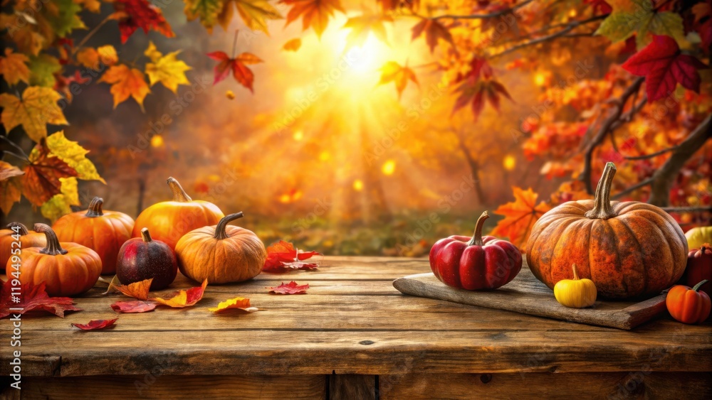 Poster a rustic wooden table with autumn pumpkins and leaves, bathed in warm sunlight, creating a serene an