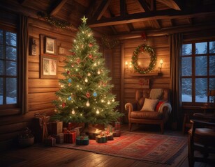 A beautifully lit Christmas tree in a cozy cabin with multicolored lights and ornaments that create a warm and inviting glow, comfortable seating, twinkling lights