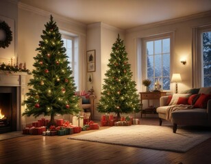 A beautifully lit pine Christmas tree in a cozy living room, decor, ambiance