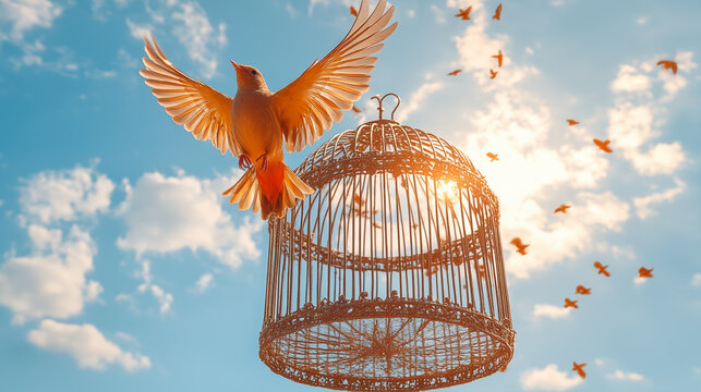 Bird in the cage on blue sky background with sun light. vintage tone