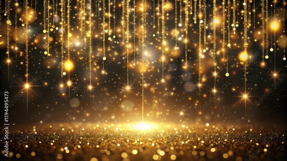 Poster a shimmering curtain of golden glitter cascades onto a bed of sparkling dust, creating a magical and