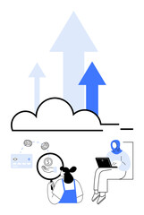 Cloud with upward arrows symbolizes growth. Woman analyzing coins with magnifying glass and person working on laptop. Ideal for financial growth, cloud computing, online work, data analysis, fintech