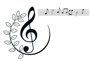 Black treble clef sign, decorated music key symbol, musical melody illustration, notes sound icons. Musical background, design fest card, jazz poster, concert performance banner. Copy space, isolated