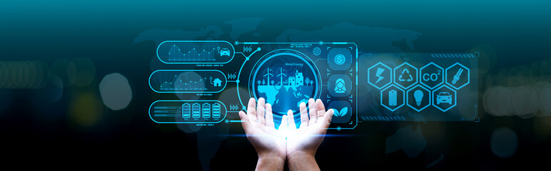 A futuristic concept of technology with hands reaching out to a holographic display, representing...