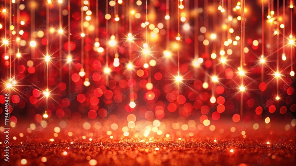 Poster a cascade of shimmering lights against a red glitter backdrop, creating a festive and magical ambian