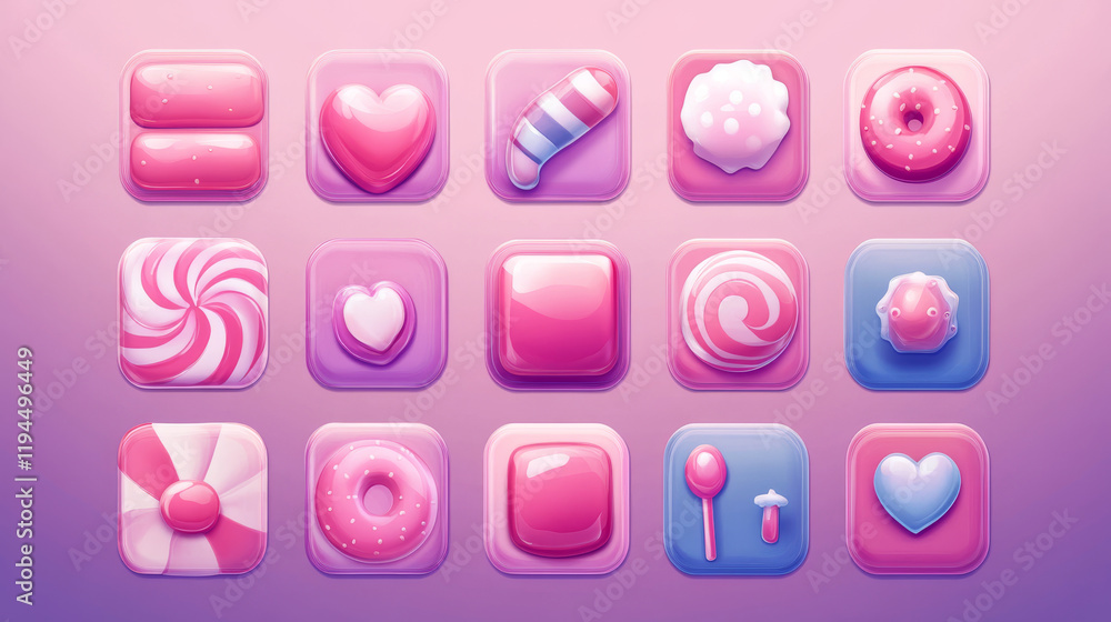 Aufkleber candy ui game app interface and button frame glossy icon set. pink jelly and lollipop play design wi
