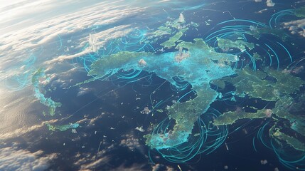 Aerial view of Earth with digital network overlay.