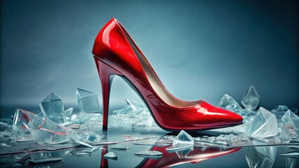 A single red high heel shoe stands tall and defiant amidst a field of shattered glass, its reflection shimmering on the surface, symbolizing resilience and the ability to overcome obstacles.