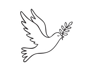 Dove line art. Flying dove of peace pigeon doodle outline logo drawing. Dove for greeting card, banner, flyer, poster.