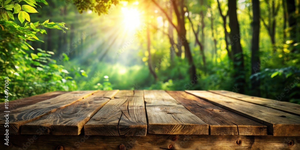 Aufkleber rustic wooden tabletop with a natural forest background in the warm glow of sunlight