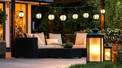 Cozy outdoor seating area with lanterns and plants at dusk.