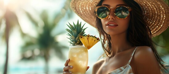 Beautiful woman in sunglasses and straw hat holding pineapple cocktail, drinking on tropical beach background