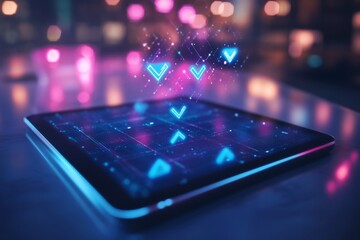 Digital tablet with glowing neon icons in the dark