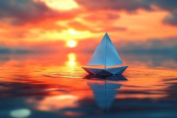 Sunset over the ocean with a sailboat on water