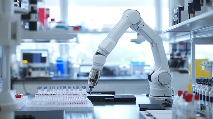 A robot conducting research in a high-tech genetics lab with advanced genetic sequencing equipment and clean workstations, Genetics tech style, photo of