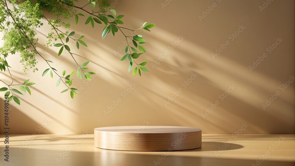 Poster a minimalist wooden platform set against a warm beige background with sunlight filtering through gre
