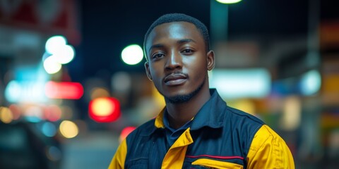 Portrait of a smiling urban delivery worker at night