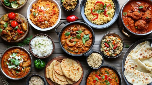 Delicious indian cuisine spread featuring curry dishes, rice, and naan for a vibrant culinary experience Cook Something Bold and Pungent Day