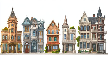 Fototapeta premium Urban retro colonial style building cartoon vector set illustration. Old residential and government buildings, church, Victorian houses isolated on white background
