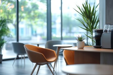 Modern cafe interior with sunlight streaming through large windows