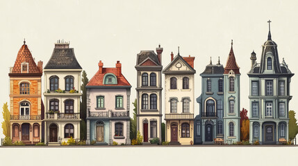 Obraz premium Urban retro colonial style building cartoon vector set illustration. Old residential and government buildings, church, Victorian houses isolated on white background
