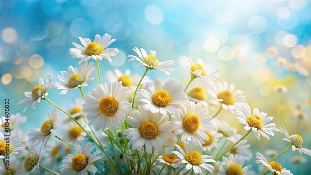 Poster a cluster of delicate white daisies with bright yellow centers bloom in a field of blurred light, cr