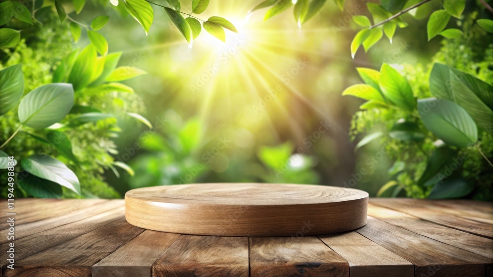 Poster a wooden tabletop with a round wooden surface in front of a lush green foliage background with sunli
