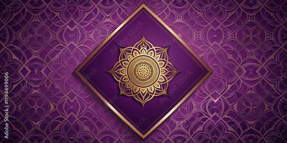 Poster ornate golden mandala within a diamond shape on a purple background with pattern