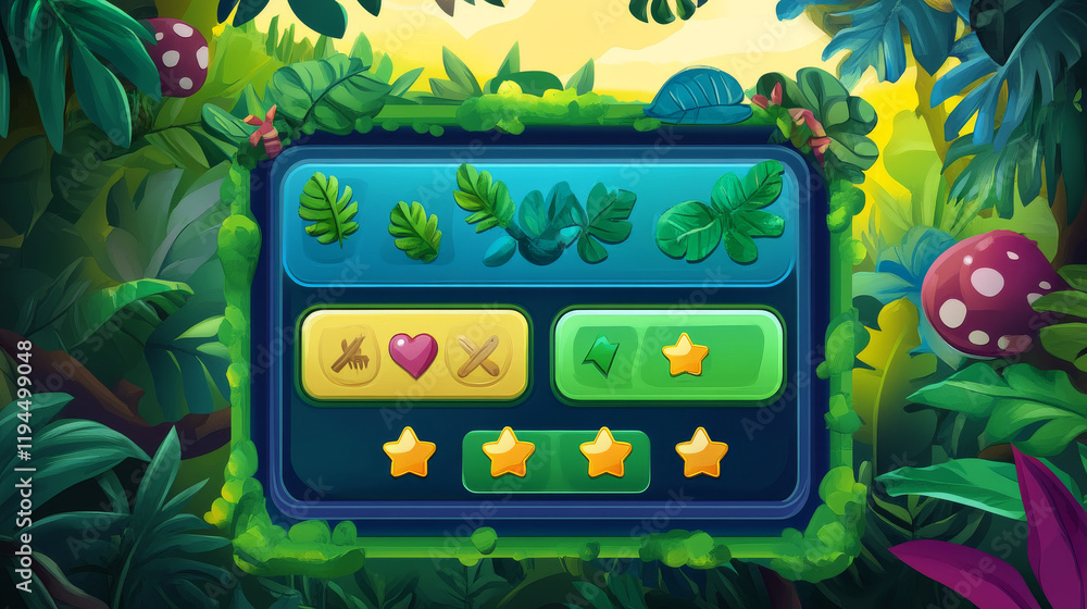 Poster jungle stone game ui sign frame cartoon vector. leaf button, panel element and menu plate isolated f