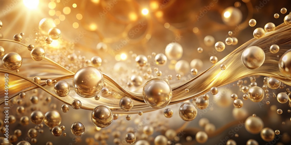 Poster abstract golden spheres flowing through a liquid stream with a blurred background of golden lights