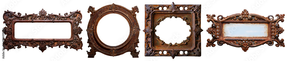 Poster collection and variation of a group of empty old rusty metal frames, (rectangle, square and round sh