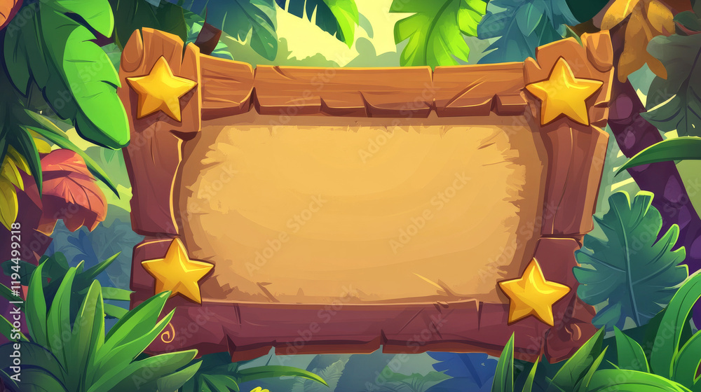 Aufkleber jungle stone game ui sign frame cartoon vector. leaf button, panel element and menu plate isolated f