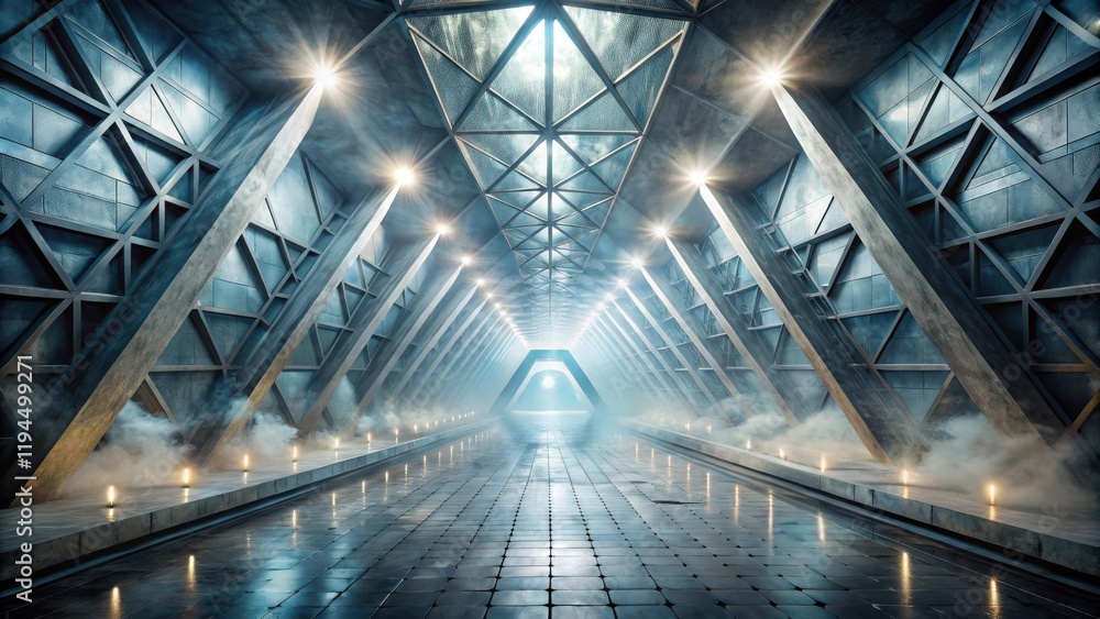 Poster An ethereal corridor with a geometric ceiling and glowing lights, creating a futuristic and mysterious atmosphere.